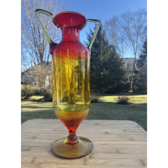 Vintage MCM Blenko Art Glass Amberina Tangerine Vase With Handles -13.75" Tall - Picture 3 of 8